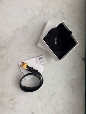 Celine Black Leather Belt with Gold-Tone Signature Buckle